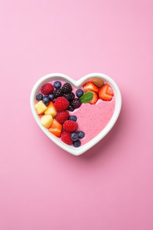 Delightful heart-shaped smoothie bowl bursting with vibrant fruits for healthy livingの写真素材