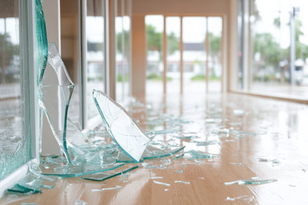 Economic impact of spring storms on local businesses with broken windows and flooding