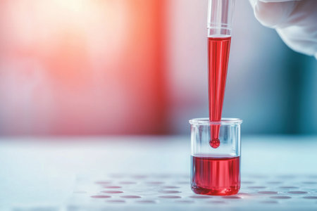 Innovative research in leukemia treatments through blood sample analysis by scientists in a laboratory settingの写真素材