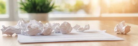 Unraveling emotions through crumpled papers on a wooden table in warm afternoon light