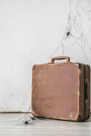 Old suitcase covered in cobwebs reflects longing for travel adventures unexploredの写真素材