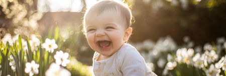 In a serene garden filled with blooming daffodils, a joyful toddler delights in the beauty of nature. Under the warm embrace of sunlight, the child's laughter echoes, creating a moment of pure happiness. Surrounded by the cheerful blooms and the gentle whispers of the breeze, the little one embodies the essence of childhood innocence and joy. This enchanting atmosphere invites anyone to appreciate the simple pleasures in life, reminding us of the beauty in everyday moments.の素材
