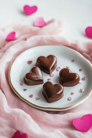 Delightful heart-shaped chocolates are perfectly presented on a clean white plate, surrounded by scattered pink decorative hearts, creating a romantic and inviting atmosphere. The soft pink linen provides a gentle backdrop, enhancing the visual appeal and warmth of the display. This charming setting evokes the spirit of love and connection, making it an ideal treat for celebrating Valentines Day with a loved one. Sweet indulgence awaits in this beautifully simple arrangement.の素材