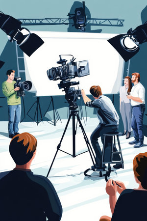 Film director guides actors in creative process on set during a dynamic shooting session