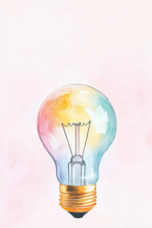 Minimalist light bulb design representing creativity and intellectual activities in vibrant colorsの写真素材