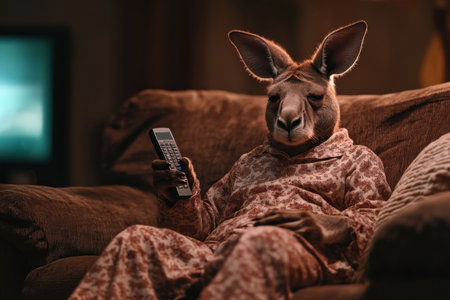 Kangaroo enjoys a cozy evening in pajamas while watching television on the couch at home