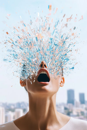 Data streams overwhelm individual in vibrant abstract representation of information chaosの写真素材