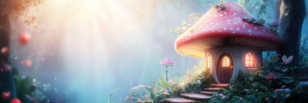 Enchanting mushroom house surrounded by magical flora and gentle light in a whimsical forestの写真素材