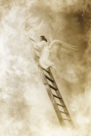 Jacob dreams of a ladder to heaven with angels ascending and descending in a mystical atmosphereの写真素材
