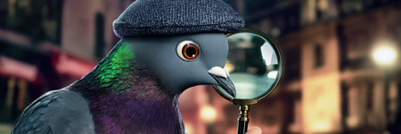 Pigeon detective on a mission exploring the city with a magnifying glass to uncover mysteriesの写真素材