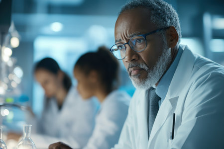 In a modern scientific environment, a middle-aged male physiologist of Black descent focuses intently on analyzing data, surrounded by a multi-ethnic team of colleagues. The laboratory is equipped with advanced technology and glassware, highlighting a collaborative atmosphere. His thoughtful expression suggests concentration deep, reflecting the importance of teamwork in scientific research during this late afternoon session.の素材