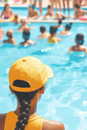 Young Black female lifeguard watches over children playing in colorful community pool during summer day.の素材