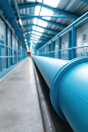 Brightly colored machinery and piping dominate the production area of a sewer system facility. The vibrant blue pipes extend along a well-lit corridor, showing modern design and intricate details. Bright overhead lights reflect off the smooth surfaces, enhancing the facility's industrial aesthetic. The space is organized and vast, inviting exploration and highlighting the critical systems involved in urban infrastructure production.の素材