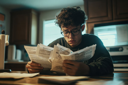 A young Hispanic man sits at his kitchen table, surrounded by bills and documents, showing visible signs of stress. The warm lighting of the room highlights his worried expression as he intently reviews the papers in front of him. His glasses rest on his nose as he furrows his brow, overwhelmed by the financial demands and uncertainty of his situation. The kitchen is simple yet cozy, contrasting the tension in the mans posture and focus on the bills.の素材