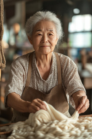 Inside a textile production area, an elderly female fiber worker of Asian descent carefully organizes a bundle of soft fiber. Her experienced hands delicately handle the materials as she prepares them for further processing. The workspace is filled with natural light, highlighting the intricate textures of the fibers. This setting showcases the dedication and expertise of seasoned workers who contribute significantly to the textile industry.の素材