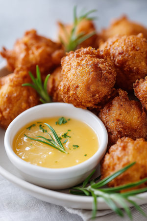 A plate filled with golden-brown akara, a popular snack made from black-eyed peas, is beautifully arranged. The crispy exterior contrasts with the fluffy inside, showing a delightful texture. Accompanying the akara is a small bowl of rich dipping sauce, garnished with fresh herbs for added flavor. This dish is ideal for gatherings, providing a tasty option for sharing during casual meals or festive occasions. Enjoying this snack brings a taste of tradition and comfort.の素材