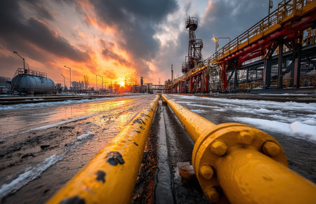 Main pipeline with yellow pipes against a stunning golden hour sunset backdrop.の素材