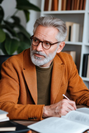 Senior man analyzes legislative changes in his office to stay informed on policy developmentsの素材