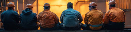 Teamwork and camaraderie among pruners during a break in an industrial settingの素材