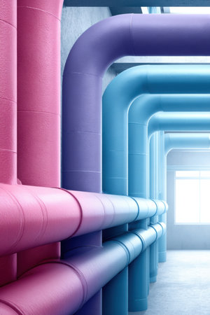 Colorful heating systems production process showcasing vibrant pipes in a modern factory environmentの素材