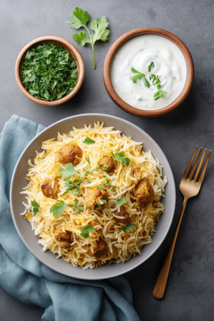 Delicious plate of biryani garnished with herbs and served with raita in a cozy dining settingの素材