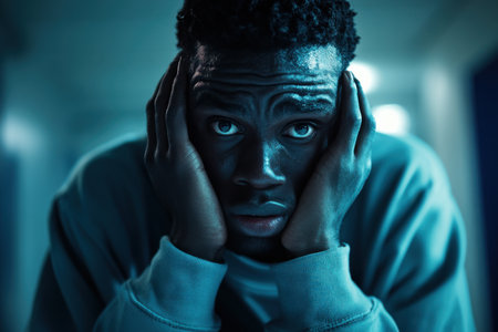 Young Black man experiences anxiety during false interrogation in police station settingの素材