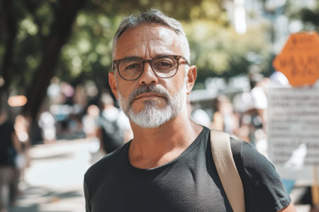 Middle-aged Hispanic male activist organizes community workshops to combat hate speech in urban settingの素材