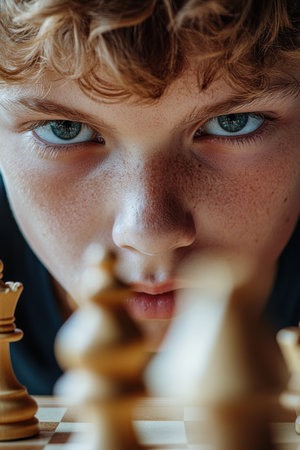 Intense focus of a young male chess player during a local tournament matchの素材