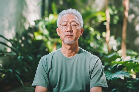 Senior Asian man practices relaxation techniques in a peaceful garden for wellness and mental healthの素材