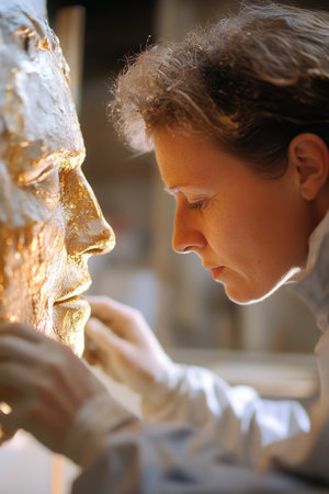 Gilder applying gold leaf to a sculpture with meticulous attention to detail in a bright workshop settingの素材