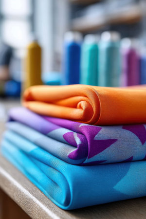 Creative production of vibrant sportswear fabrics in a lively factory environmentの素材