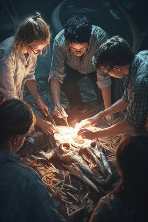 Collaborative taxidermy team working on an exotic animal mount in a detailed studio settingの素材