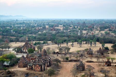 Panorama of Pagodas at sunrise in Bagan, Myanmarの写真素材