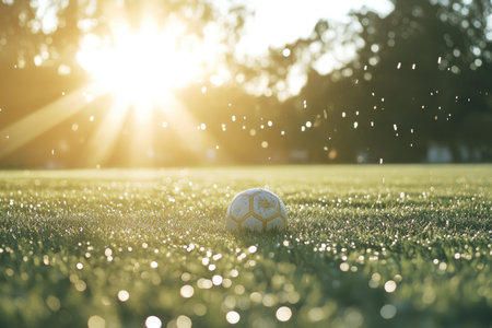 Soccer Ball on Dewy Grassの素材