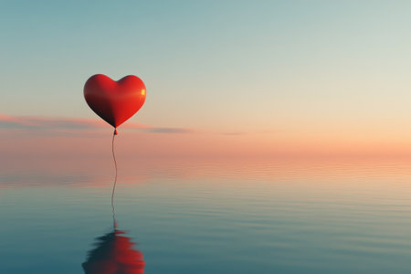 Surreal concept With Red Heart-Shaped Balloon in Airの素材