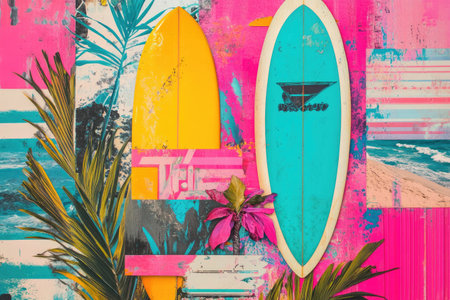 Surfboard and palm leaves on colorful grunge wall background.の素材