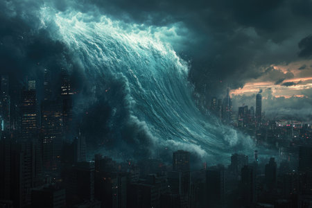 Tsunami Wave Crashing Towards Cityの素材