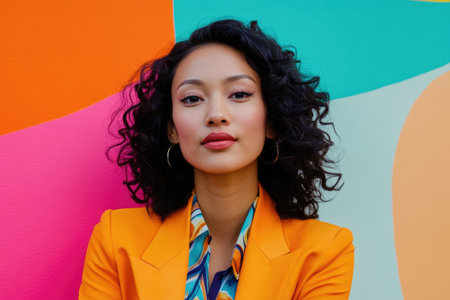 Fashionable woman posing against vivid abstract backdropの素材