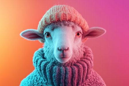 Cute sheep in warm knitted hat and scarf on colorful backgroundの素材