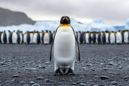 King Penguin Standing on Black Sand Beach in Antarcticaの素材