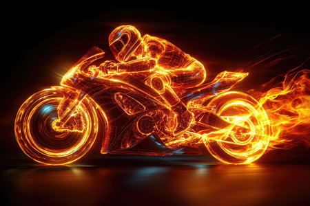 Glowing Motorcycle with Flames and a Rider in Full Gearの素材