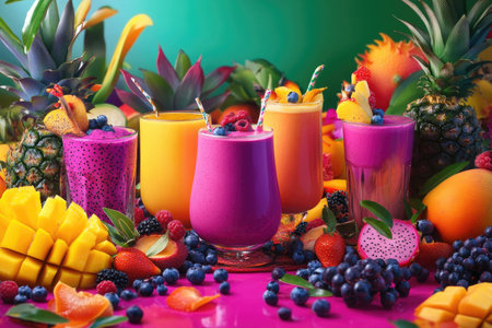 Colorful tropical smoothies and fresh fruitsの素材