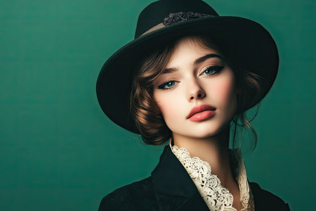 Vintage Lady in 1920s Style with Green Monochrome Backgroundの素材