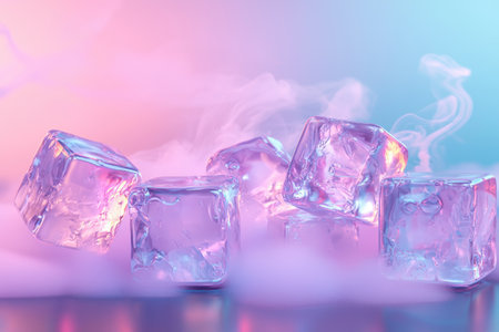 Ice cubes on blue and pink background. Ice cubes with smoke.の素材