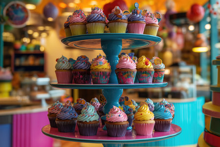 Colorful cupcakes on a cake stand in a candy shop.の素材