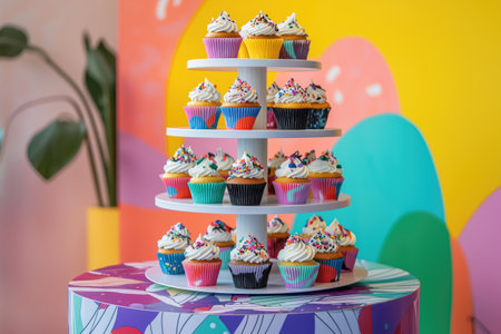 Cupcakes on a cake stand in front of a colorful backgroundの素材