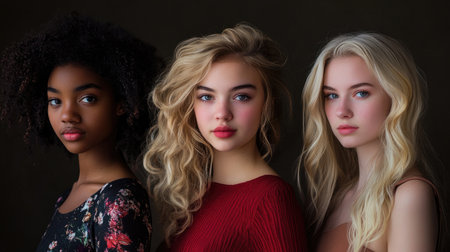 Three young women with different hairstyles and makeup. Studio shot.の素材