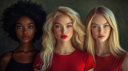 Portrait of three beautiful women with different hairstyles and makeup.の素材