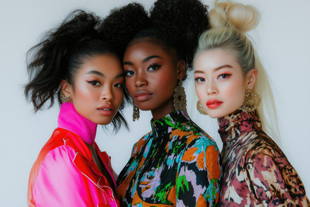 Three young beautiful African American women posing in studio. Fashion shot.の素材