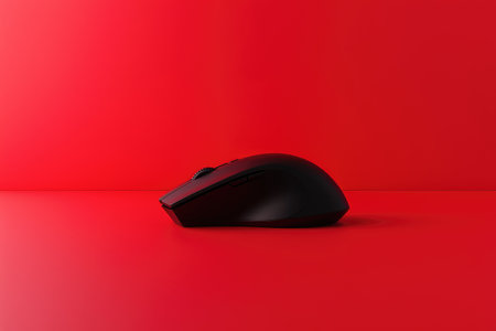 Computer mouse on a red background. 3d rendering. Computer digital drawing.の素材